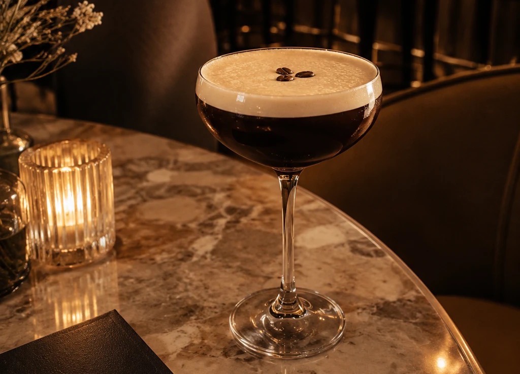 Een Espresso Martini met drie koffiebonen