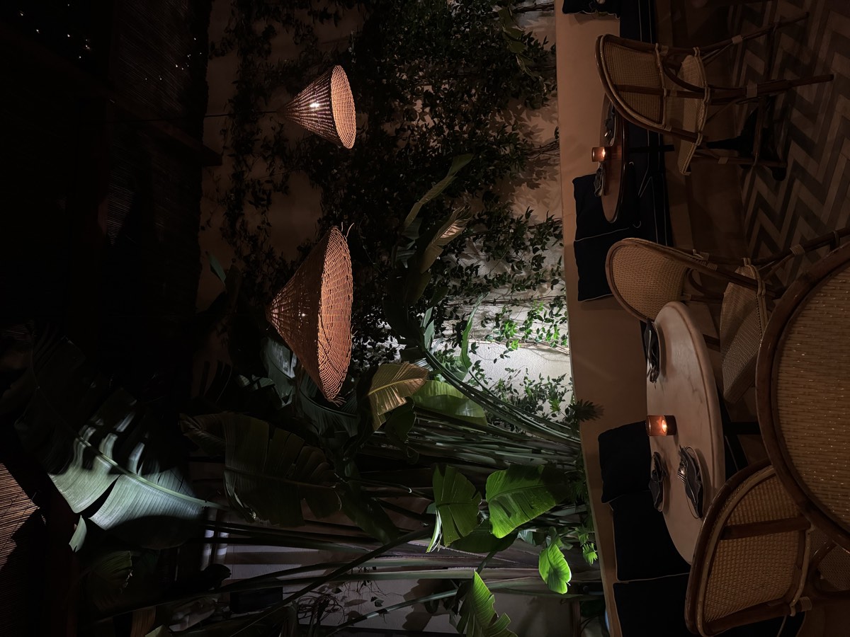 De patio met rieten lampen, klimplanten en rotan stoelen bij kaarslicht