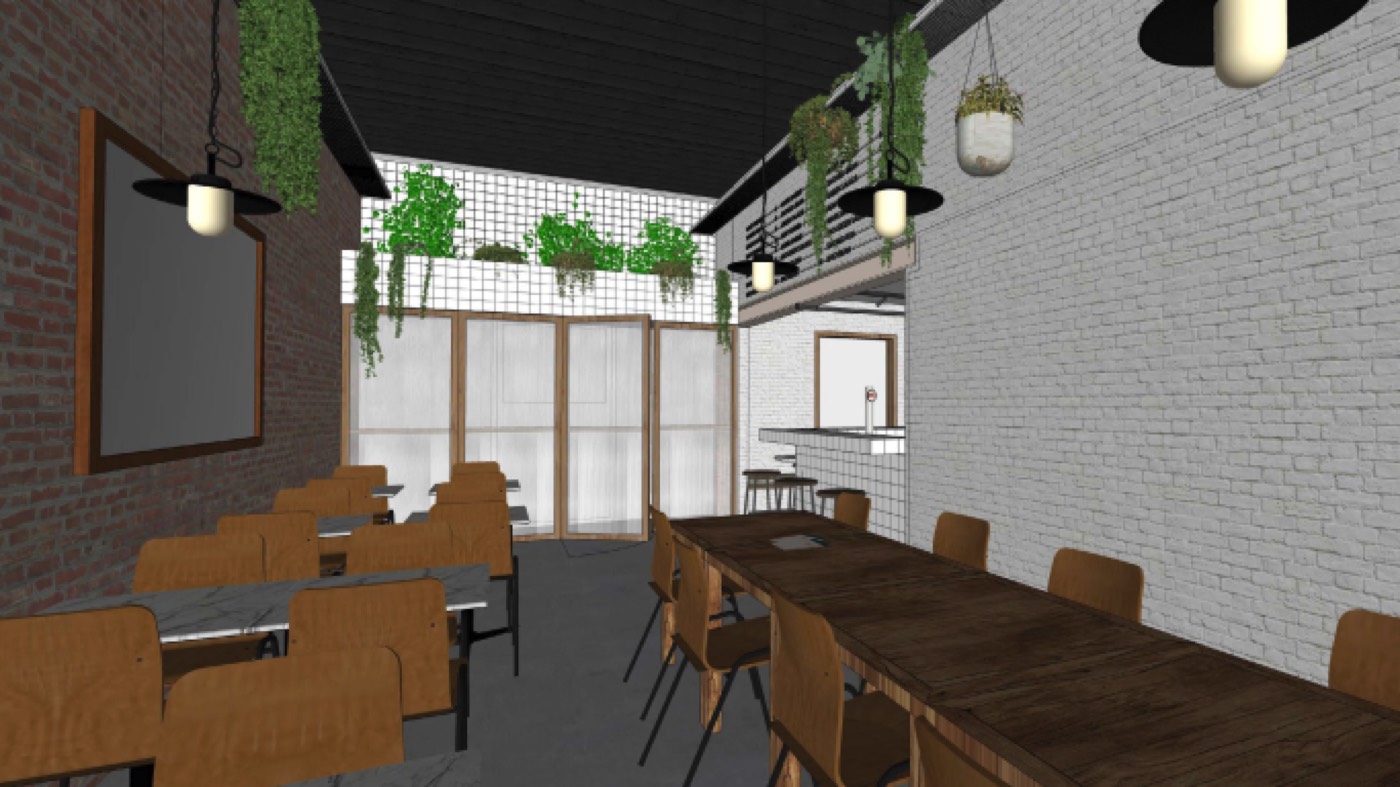 3D-ontwerp van Lucy's met een lange houten tafel, planten en een tussenverdieping